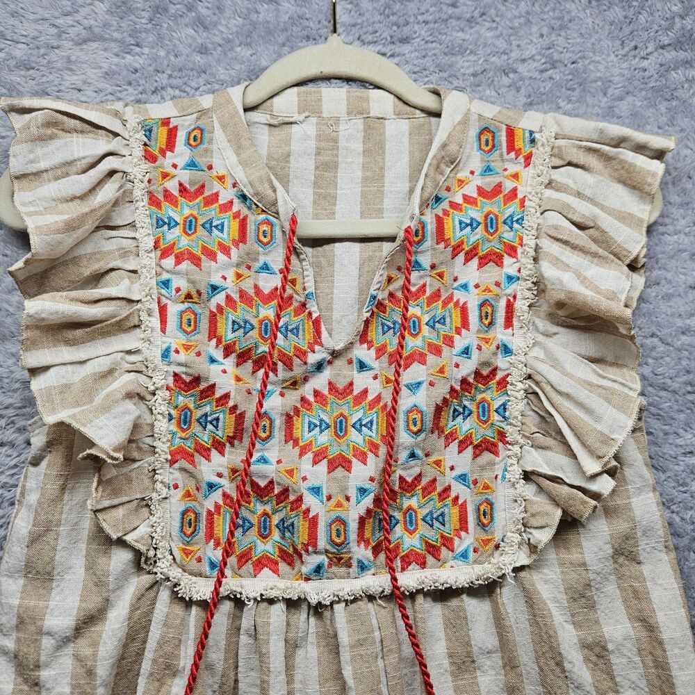 Savanna Jane Bohemian Striped Blouse Size Small Embroidered Ruffle - Picture 3 of 10